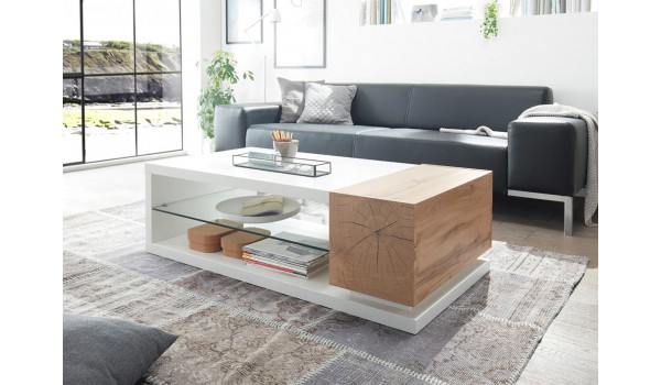 Table basse design blanc laqué et bois