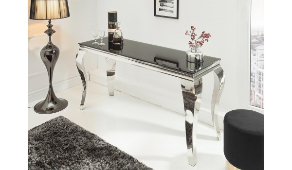 Table console baroque verre et métal chromé