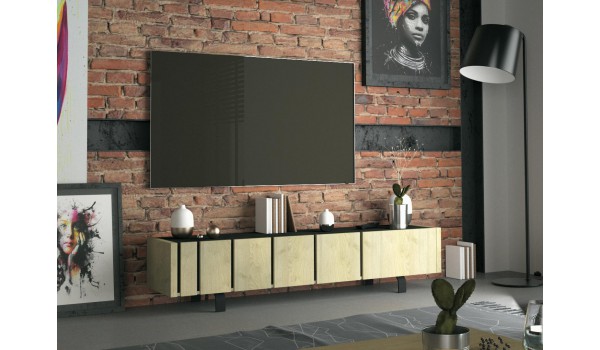 Meuble TV contemporain 3 portes décor chêne et noir ardoise