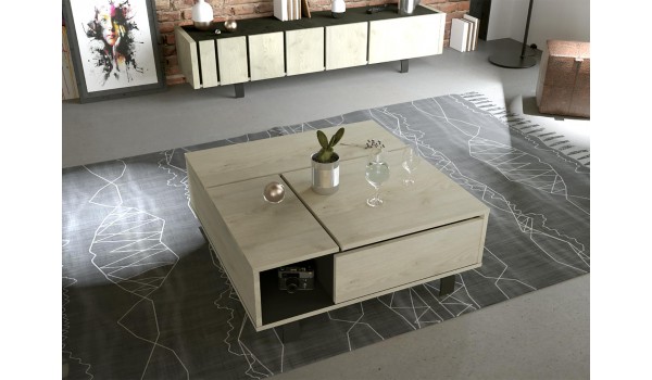 Table basse contemporaine relevable décor chêne et noir ardoise