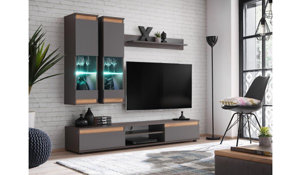 Meuble TV et vitrine mural - Gris/Bois
