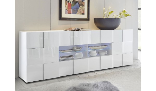 Buffet blanc laqué design - 2 Portes, 4 tiroirs, 2 niches