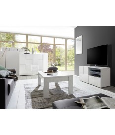 Salon complet blanc laqué - Meuble TV, table basse, commode haute