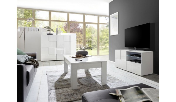 Salon complet blanc laqué - Meuble TV, table basse, commode haute