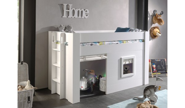 Lit mi-hauteur blanc laqué avec cabane
