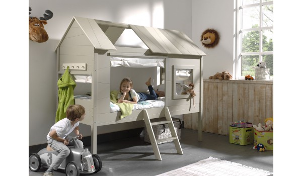 Lit mi-hauteur gris-beige - Thème "Cabane"