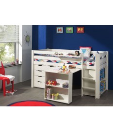 Lit mi-hauteur blanc - Bureau étirable et rangement