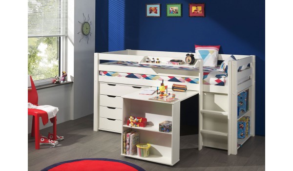 Lit mi-hauteur blanc - Bureau étirable et rangement Lit mi-hauteur blanc - Bureau étirable et rangement
