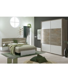Chambre complète laqué blanche mat et décor Oak endgrain