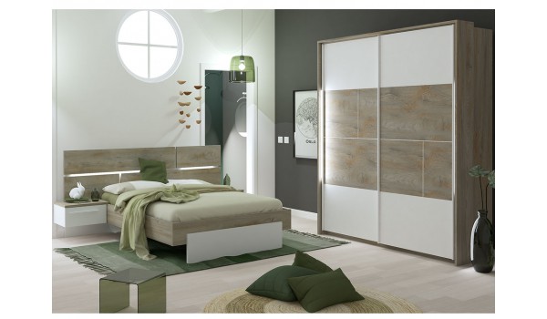 Chambre complète laqué blanche mat et décor Oak endgrain