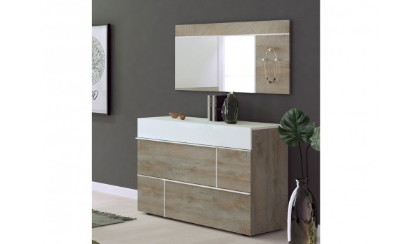 Commode de rangement 3 tiroirs blanche et bois