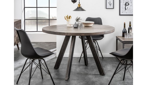Table ronde en bois de manguier grisé et pied métal