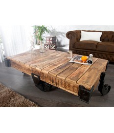 Table basse rectangulaire industrielle / manguier et métal