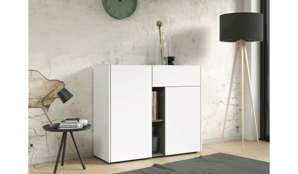 Commode 2 portes 1 tiroir 2 niches blanche & grise