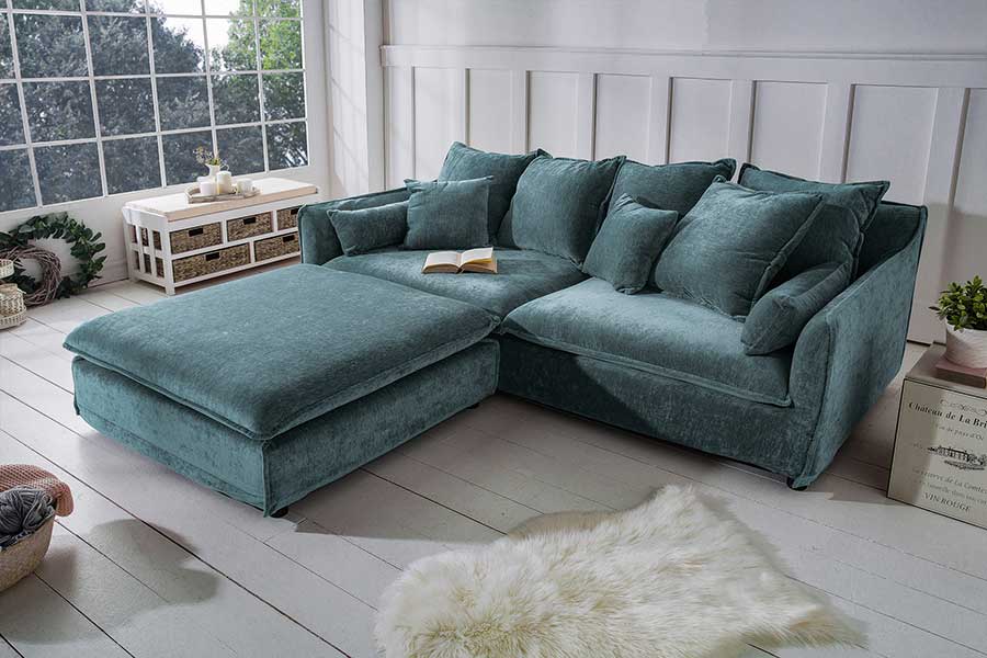 canapé 3 places bleu pétrole avec pouf de salon moderne