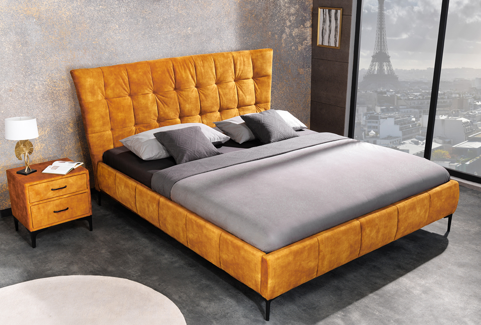 ensemble lit et chevet en velours jaune