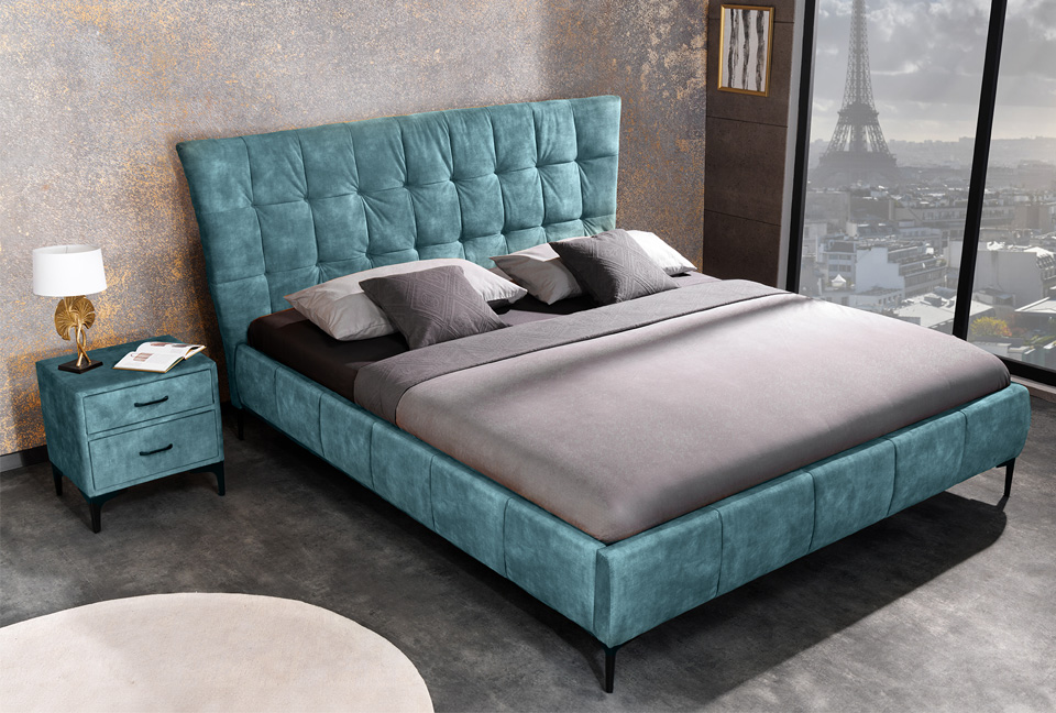 ensemble lit et chevet en velours bleu