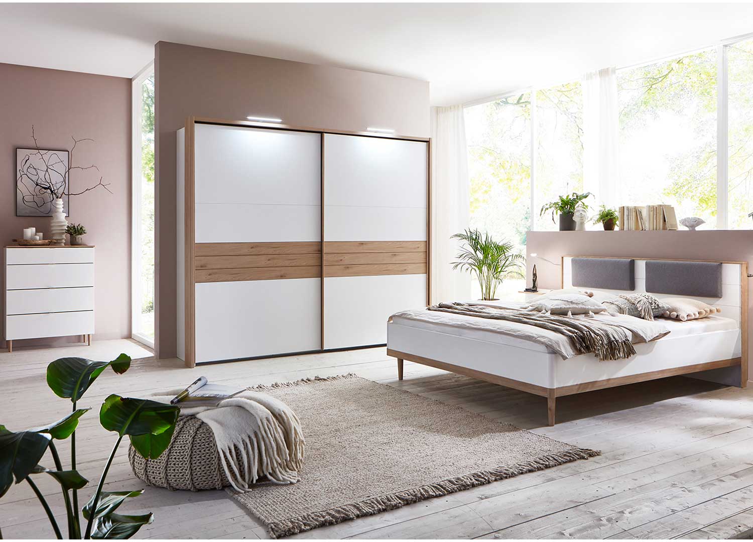 MOBILIER DE CHAMBRE ADULTE, lit xxl, armoire de chambre et commode a tiroir blanc et bois